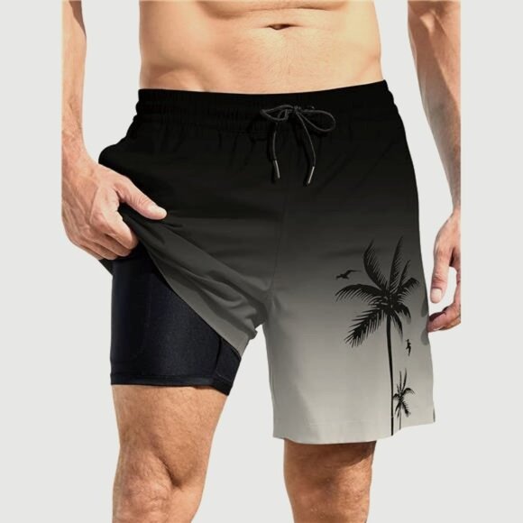 Men Swim Trunks | 2 In 1 Compresssion Liner Board Shorts | Black/Grey - Picture 1 of 8